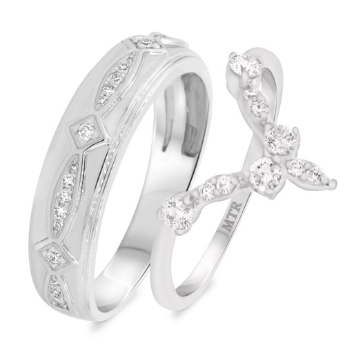 Photo of Petal 1/2 ct tw. Diamond His and Hers Matching Wedding Band Set 14K White Gold [WB233W]