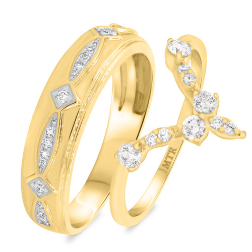 Photo of Petal 1/2 ct tw. Diamond His and Hers Matching Wedding Band Set 10K Yellow Gold [WB233Y]