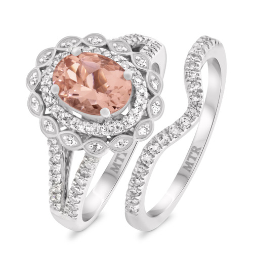 Photo of Coral 1 1/2 ct tw. Oval Morganite Bridal Ring Set 14K White Gold [BR226W-C000]