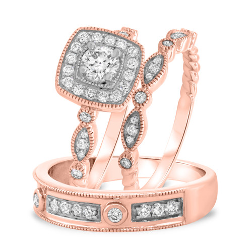 Photo of Entwined 1 ct tw. Round Solitaire Diamond Matching Trio Ring Set 14K Rose Gold [BT459R-R029]