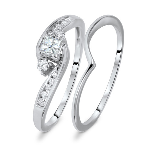 Photo of Serenity 1/3 ct tw. Princess Solitaire Diamond Bridal Ring Set 10K White Gold [BR566W-P018]