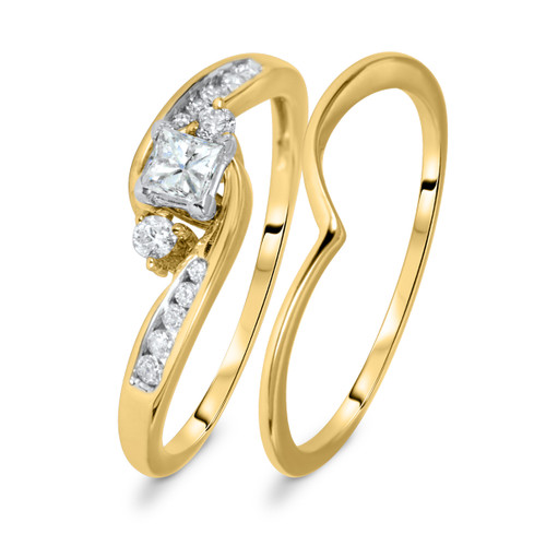 Photo of Serenity 1/3 ct tw. Princess Solitaire Diamond Bridal Ring Set 10K Yellow Gold [BR566Y-P018]