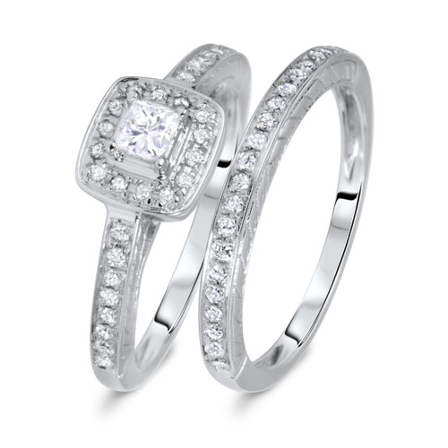Photo of Allure 1/2 ct tw. Princess Solitaire Diamond Bridal Ring Set 10K White Gold [BR580W-P018]