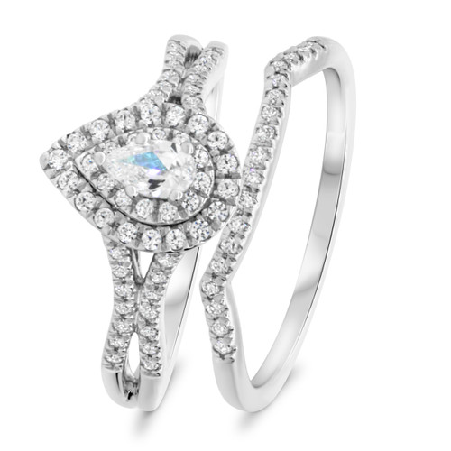 Photo of Veda 1/2 ct tw. Pear Solitaire Diamond Bridal Ring Set 10K White Gold [BR679W-F018]