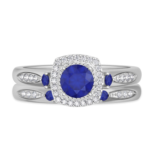 Photo of Mawar 1 CT. T.W. Sapphire and Diamond Matching Bridal Ring Set 14K White Gold [BR878W-C000]