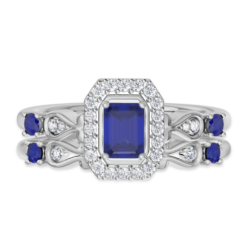 Photo of Garland 1 1/7 CT. T.W. Sapphire and Diamond Matching Bridal Ring Set 10K White Gold [BR879W-C000]