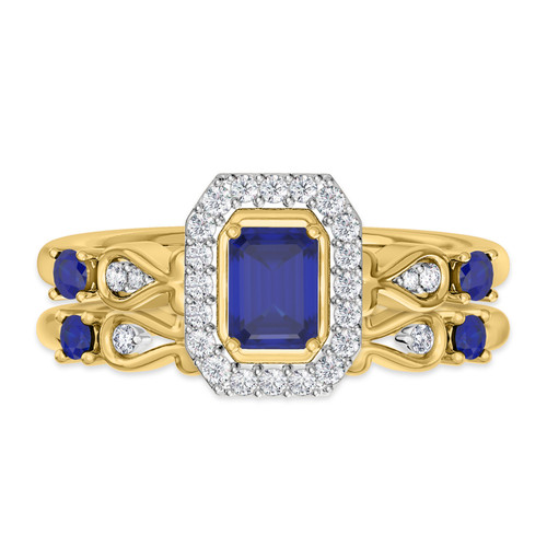 Photo of Garland 1 1/7 CT. T.W. Blue Sapphire and Diamond Matching Bridal Ring Set 14K Yellow Gold [BR879Y-C000]