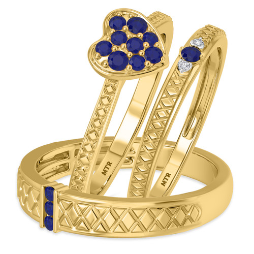 Photo of Manuka 3/8 CT. T.W. Sapphire and Diamond Trio Matching Wedding Ring Set 10K Yellow Gold [BT867Y-C000]