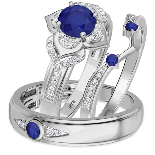 Photo of Clema 1 1/2 CT. T.W. Sapphire and Diamond Trio Matching Wedding Ring Set 14K White Gold [BT868W-C000]