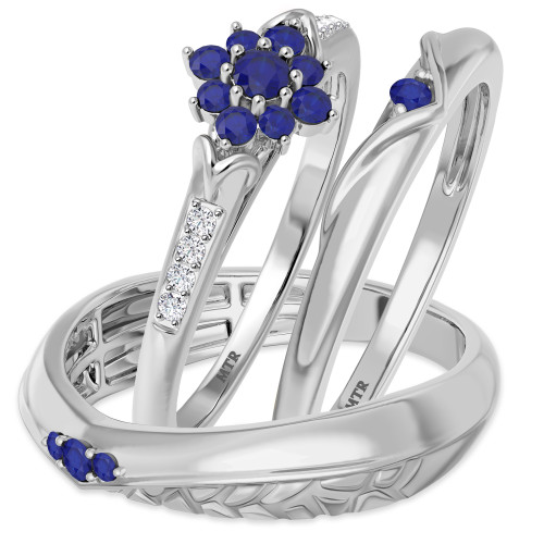 Photo of Neeja 1/2 CT. T.W. Blue Sapphire and Diamond Trio Matching Wedding Ring Set 10K White Gold [BT870W-C000]