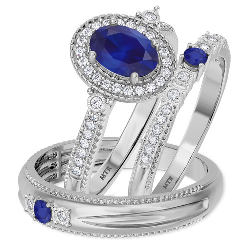 Photo of Magnol 1 1/2 Carat T.W. Sapphire and Diamond Trio Matching Wedding Ring Set 14K White Gold [BT872W-C000]