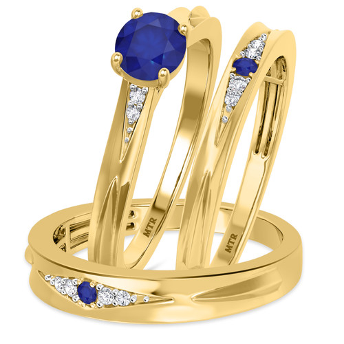 Photo of Irit 7/8 CT. T.W. Sapphire and Diamond Trio Matching Wedding Ring Set 14K Yellow Gold [BT874Y-C000]