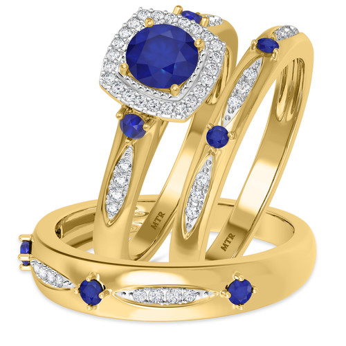 Photo of Mawar 1 1/6 CT. T.W. Sapphire and Diamond Trio Matching Wedding Ring Set 14K Yellow Gold [BT878Y-C000]