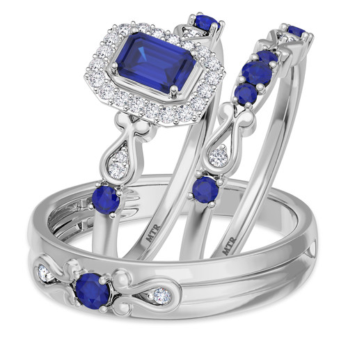 Photo of Garland 1 1/3 Carat T.W. Sapphire and Diamond Trio Matching Wedding Ring Set 14K White Gold [BT879W-C000]