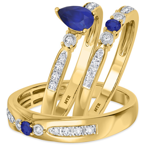 Photo of Hana 3/4 CT. T.W. Sapphire and Diamond Trio Matching Wedding Ring Set 10K Yellow Gold [BT880Y-C000]