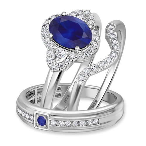 Photo of Holly 1 7/8 CT. T.W. Sapphire and Diamond Trio Matching Wedding Ring Set 10K White Gold [BT892W-C000]