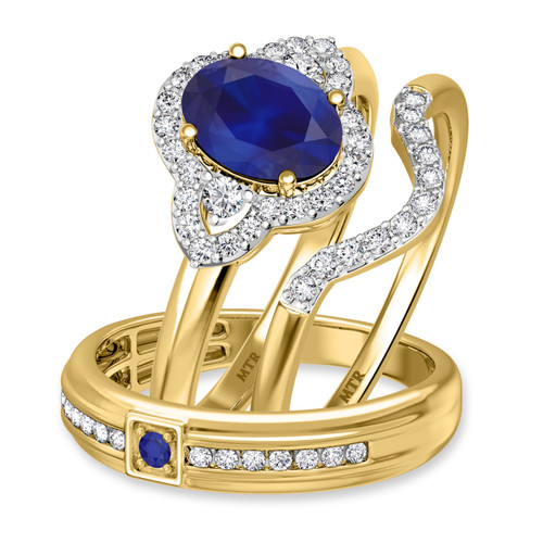 Photo of Holly 1 7/8 CT. T.W. Sapphire and Diamond Trio Matching Wedding Ring Set 14K Yellow Gold [BT892Y-C000]