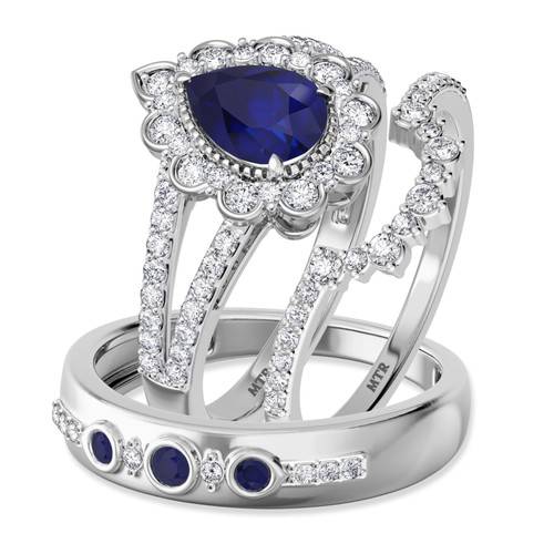 Photo of Canna 2 1/5 Carat T.W. Sapphire and Diamond Trio Matching Wedding Ring Set 14K White Gold [BT895W-C000]