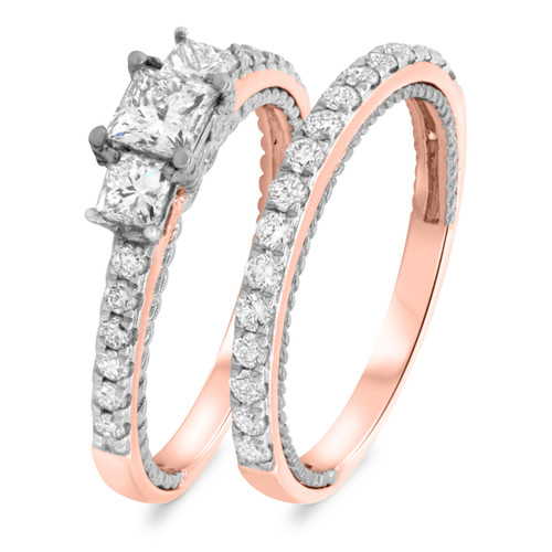 Photo of Lace 1 1/3 ct tw. Princess Solitaire Diamond Bridal Ring Set 14K Rose Gold [BR451R-P045]