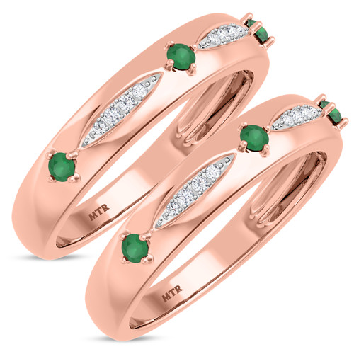 Photo of Mawar 3/8 CT. T.W. Emerald and Diamond Matching Wedding Band Set 10K Rose Gold [WM2145R]