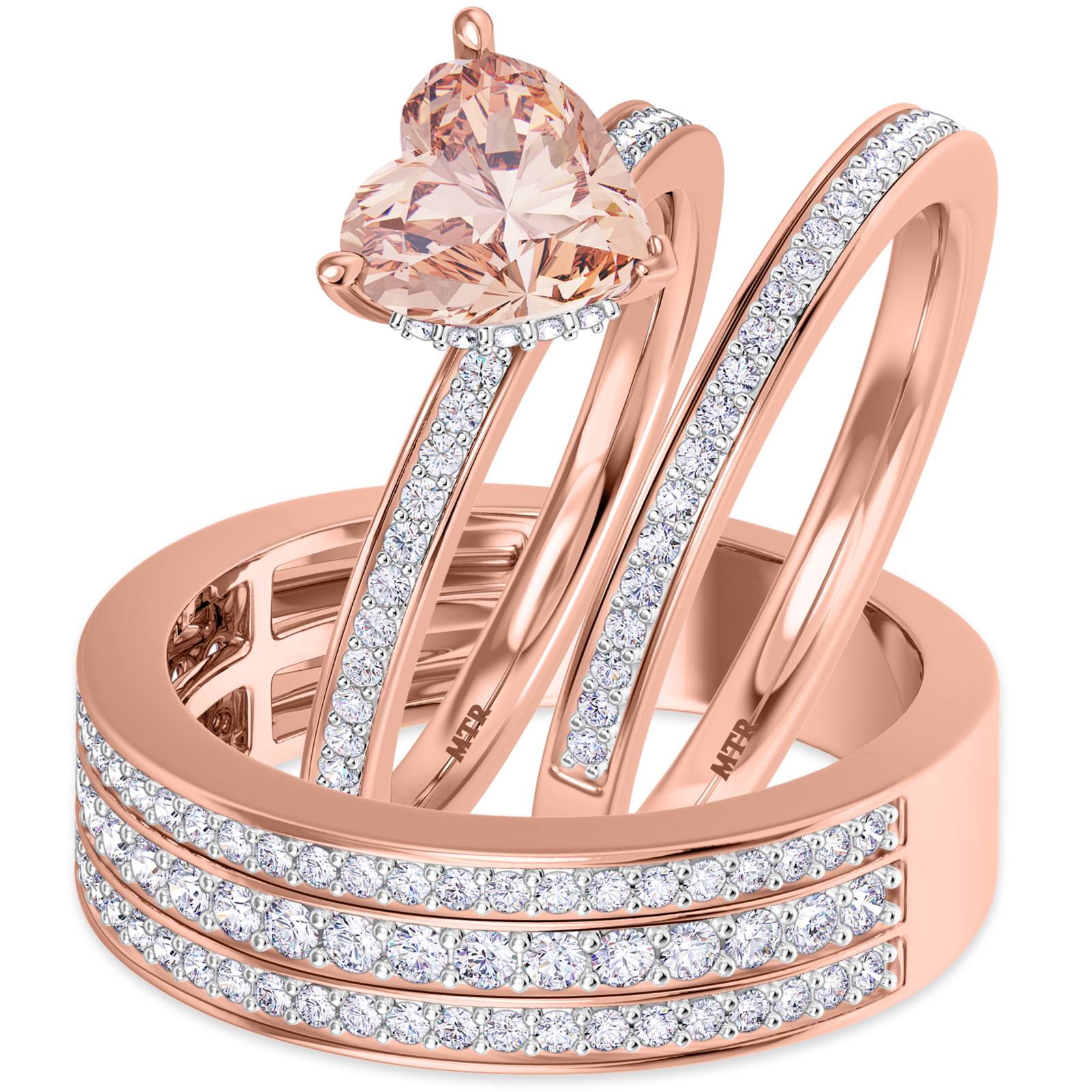 Armani 2 7/8 ct tw. Heart Morganite Matching Trio Ring Set 14K Rose Gold