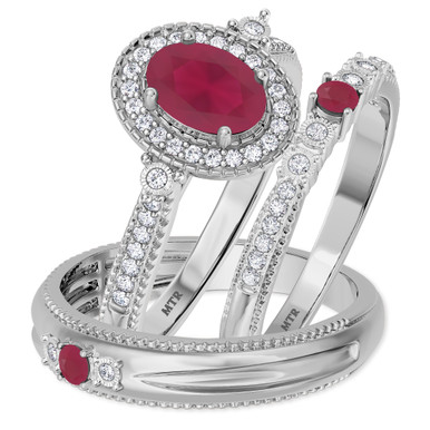 Magnol 1 1/10 CT. T.W. Ruby and Diamond Trio Matching Wedding Ring Set ...