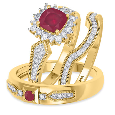 Kassia 1 1/2 CT. T.W. Ruby and Diamond Trio Matching Wedding Ring Set ...