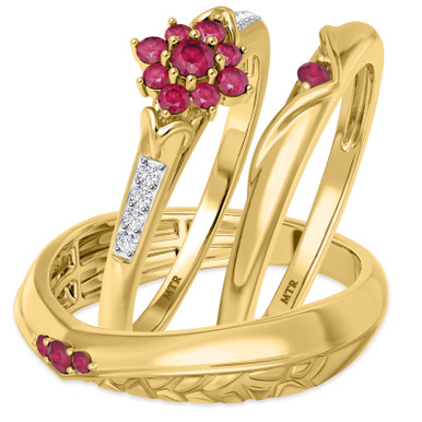 Neeja 1/2 CT. T.W. Ruby and Diamond Trio Matching Wedding Ring Set 10K ...