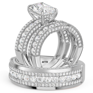 Dazzlingrock Collection Diamond Wedding Trio Ring Set – 0.10 Ct Round Diamond Halo Illusion Set In 925 Sterling Silver | Size 10 Women, 9.5 Men