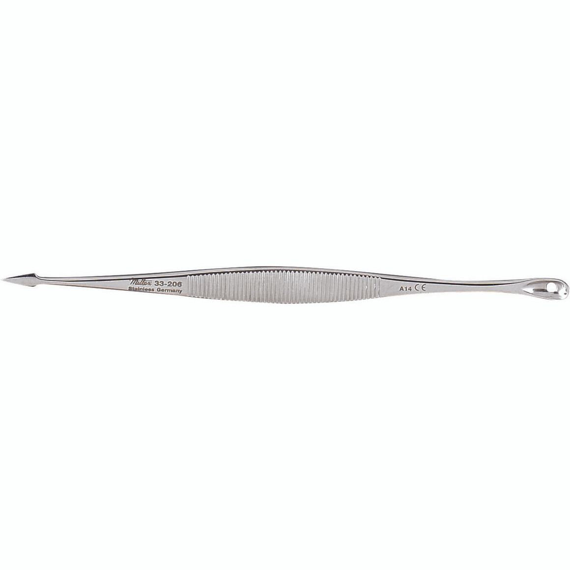 Miltex Saalfeld Comedone Extractor, 4-1/4" (108mm), Double-Ended, Spoon End 4.6mm Wide, Acne Lancet End 2.7mm Wide, 33-206