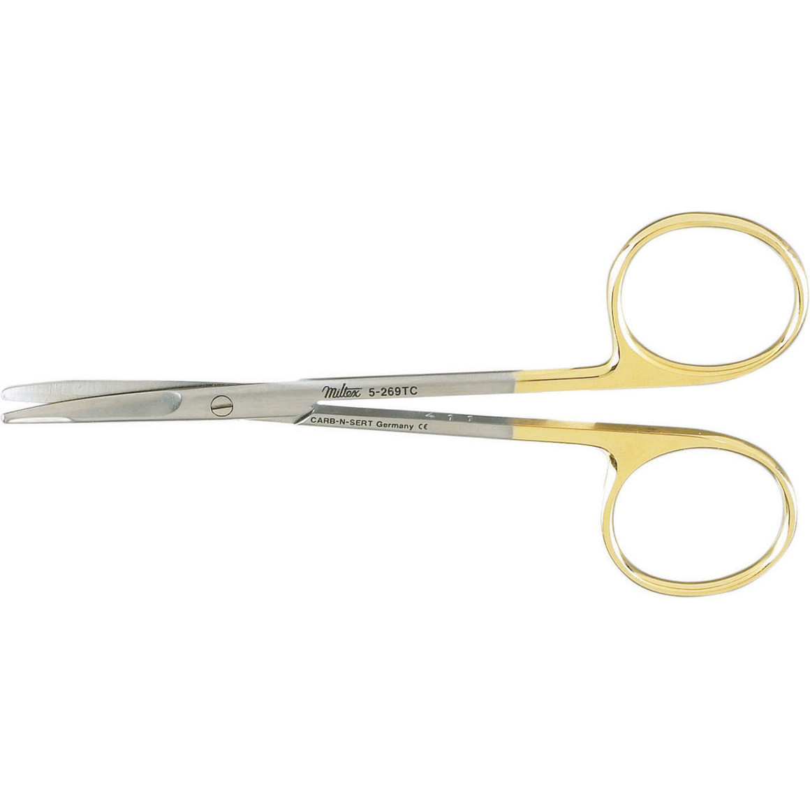 Miltex Kaye Dissecting Scissors, 4-1/2" (114mm), Tungsten Carbide, Curved, Blunt Points, One Serrated Blade, 5-269TC