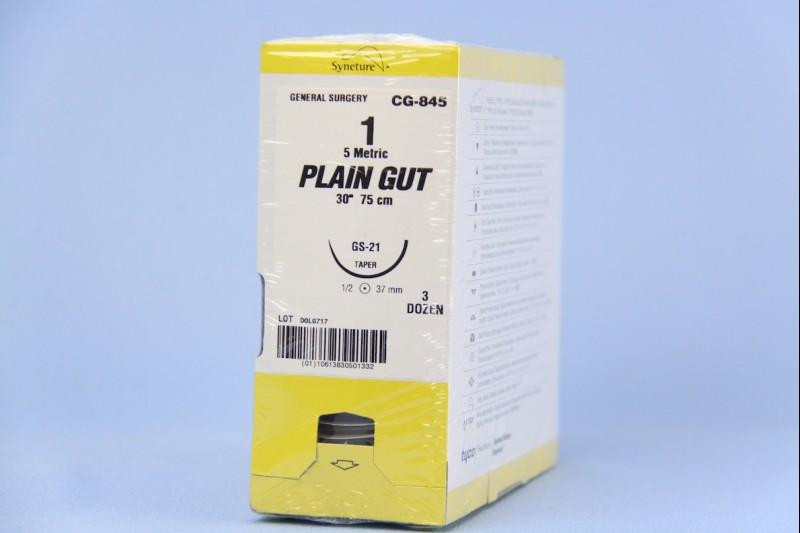 Plain gut absorbable suture - size: 1, length: 30 in (75 cm), needle name: GS-21, needle type: taper point, color: undyed