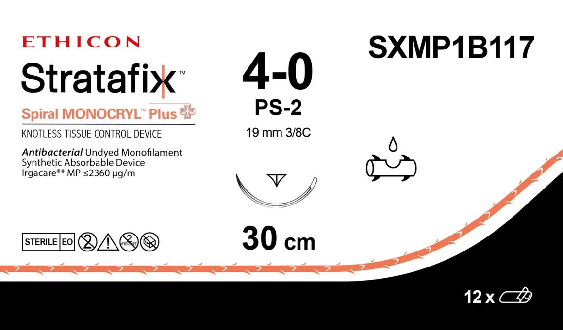 Stratafix Spiral Monocryl Plus Suture 4-0 12" Triclosan, PCL25 PS2 Undyd 12/Box