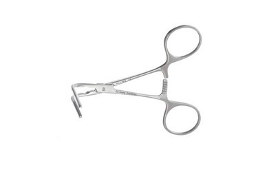 DeBakey Ring Handle Bulldog Clamps 4 1/8" (10.5 cm) Angled 45 degrees, jaws 1-3/16" (3 cm) past angle, curved shafts, 353192