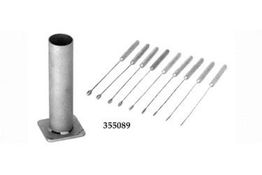 Set of nine short dilators (1.0, 1.5, 2.0, 2.5, 3.0, 3.5, 4.0, 4.5 and 5.0 mm) in stainless steel storage cylinder, 355089