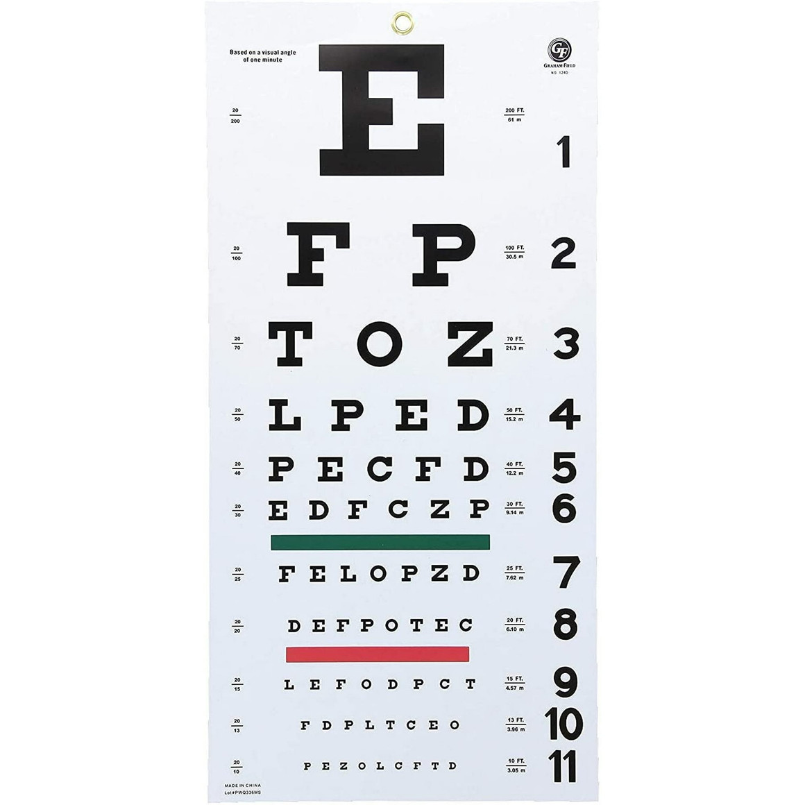 Snellen Type Plastic Eye Chart, 20'