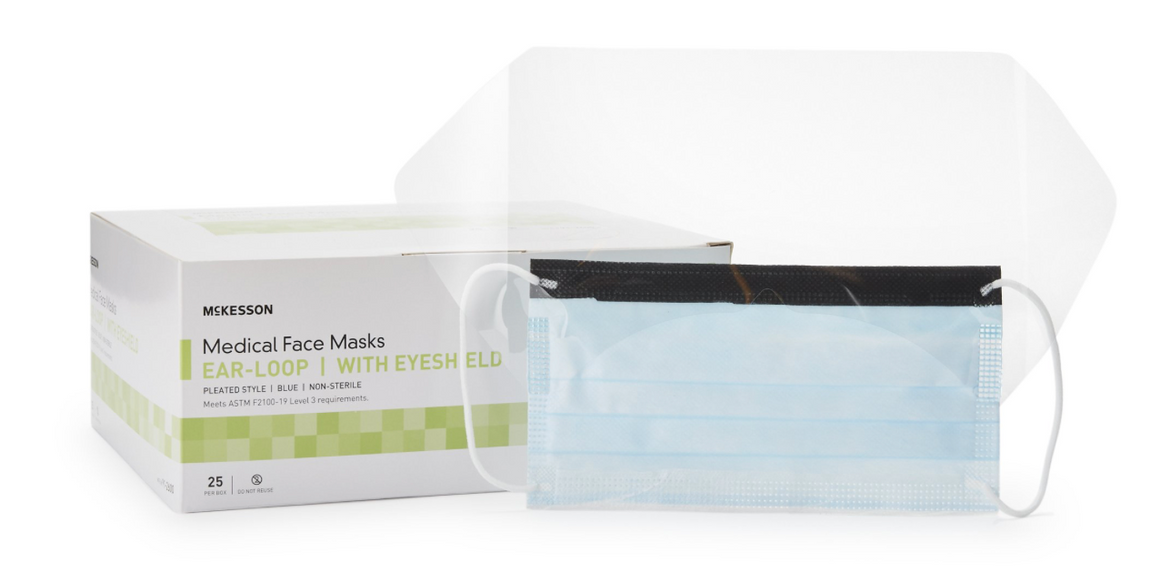 Mask w/Eye Shield Anti-Fog Earloops blue ASTM Level 3 25/bx 4bx/cs