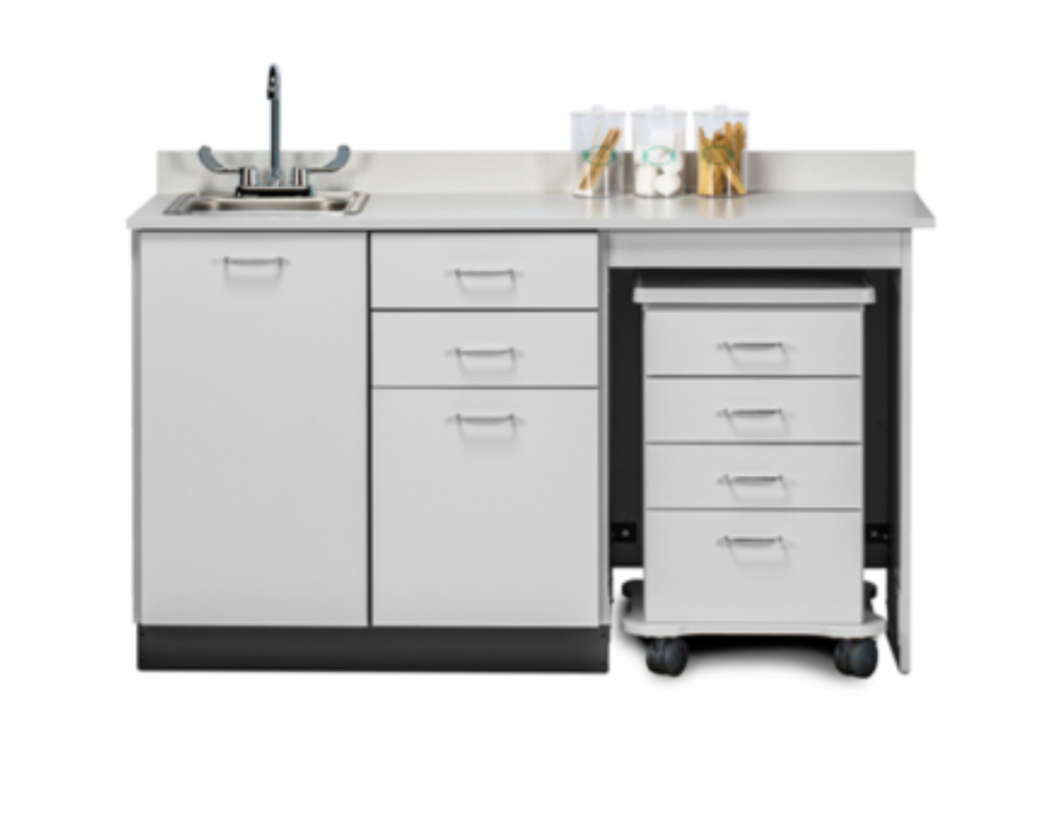 Cart Mate 60" 5 drawer cabinet, fashion Finish, sink on left inside, Arctic White, Alicante Black top
