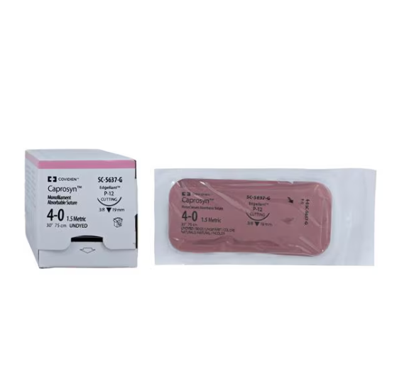 Absorbable Suture with Needle Caprosyn Polyester P-12 3/8 Circle Precision Reverse Cutting Needle Size 4 - 0 Monofilament, SC-5637-G, BX/1