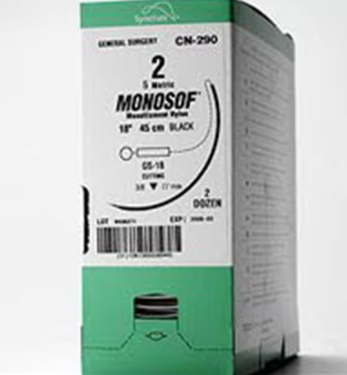 Nonabsorbable Suture with Needle Monosof~Dermalon Nylon C-15 3/8 Circle Reverse Cutting Needle Size 2 - 0 Monofilament, SN-664G, BX/12