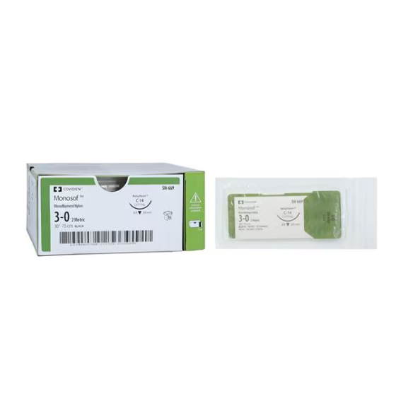 Nonabsorbable Suture with Needle Monosof~Dermalon Nylon C-14 3/8 Circle Reverse Cutting Needle Size 3 - 0 Monofilament, SN-669, BX/36