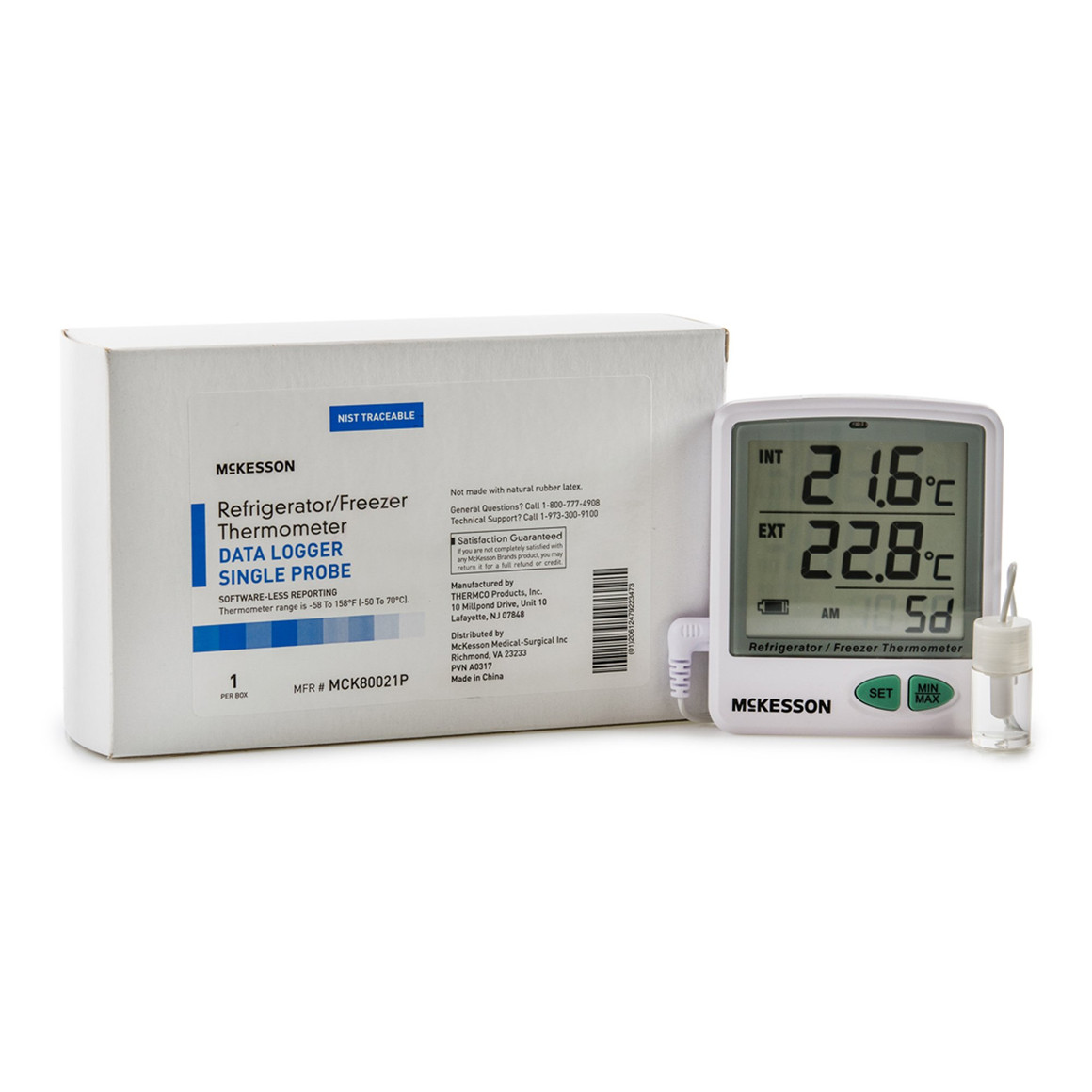 Datalogging Refrigerator / Freezer Thermometer with Alarm McKesson Fahrenheit / Celsius -50° to +158°F (-50° to +70°C) Flip-out Stand Battery Operated