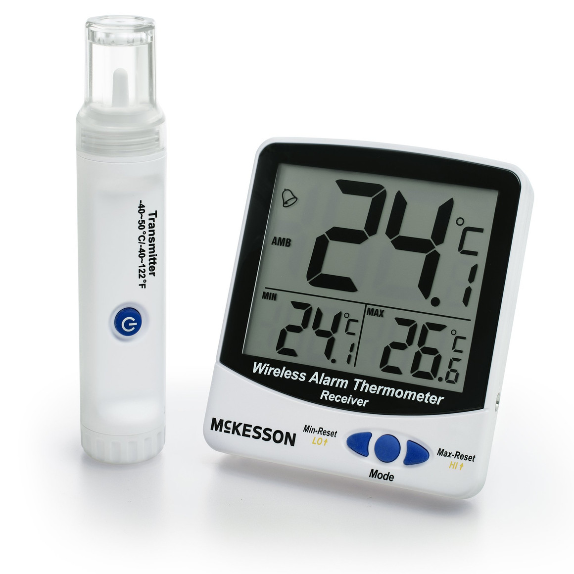 Digital Refrigerator / Freezer Thermometer with Alarm McKesson Fahrenheit / Celsius -58° to +158°F (-50° to +70°C) External Bottle Sensor, -40° to +122°F (-40° to +50°C)