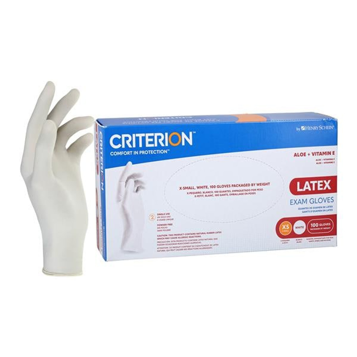 Henry Schein Criterion Aloe + Vitamin E Latex Exam Gloves X-Small Standard White Non-Sterile, 5703448