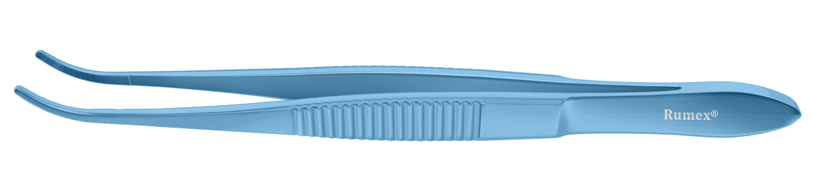 Rumex Dressing Forceps with Delicate Serrations, 12.00 mm Serrated Tips, Curved, Flat Handle, Length 100 mm, Titanium, 4-072T