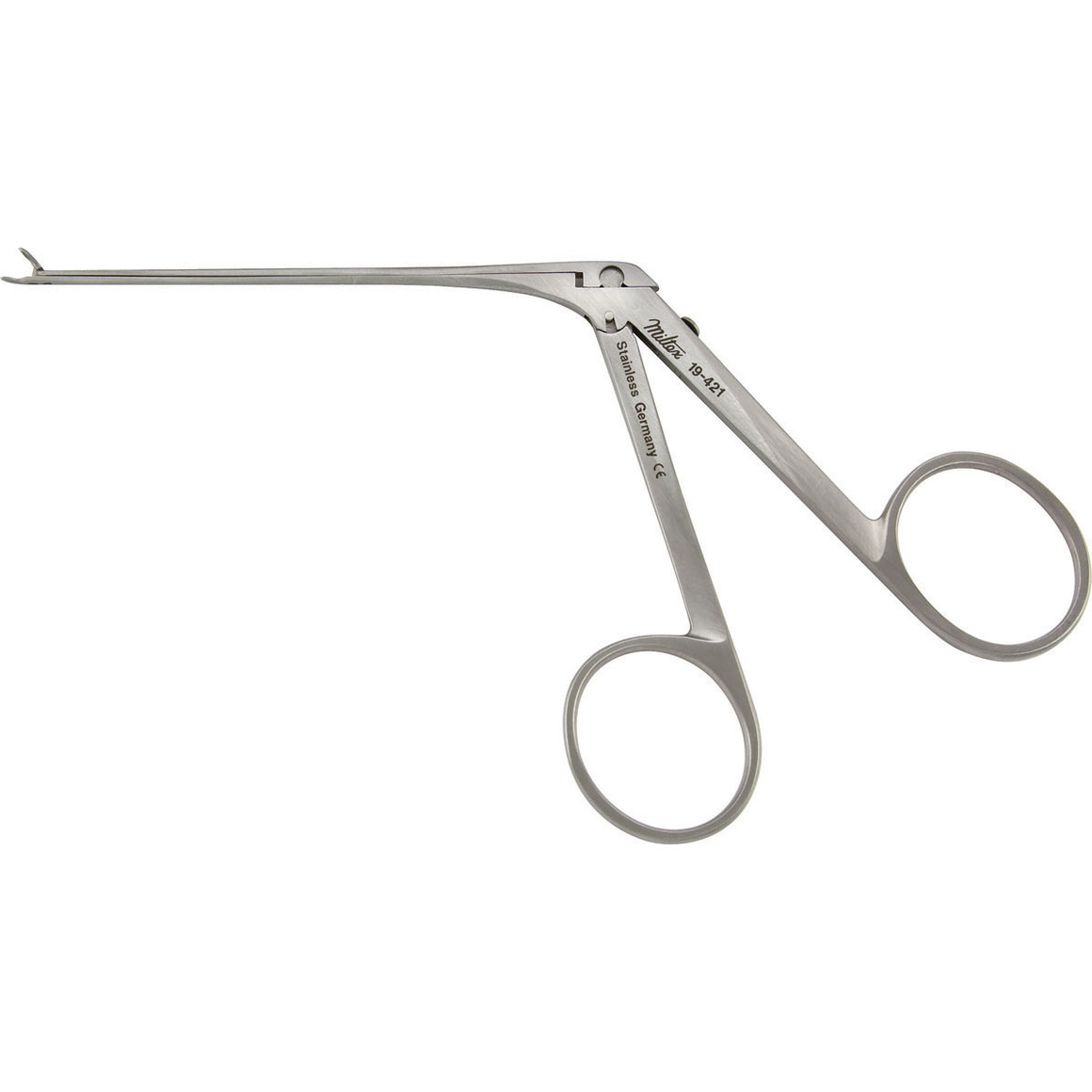 
Miltex House Miniature Ear Forceps, 2-3/4" (7.2 Cm) Shaft, .6 Mm X 1 Mm Cups, Angled Left 15 Deg, 19-421
