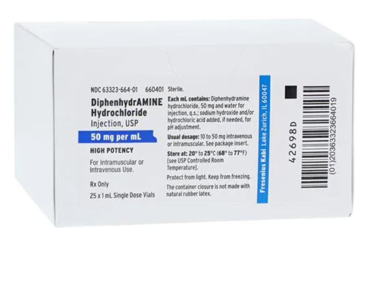 Diphenhydramine HCl Injection SDV 50mg/mL 1mL 25/Bx - Medex Supply