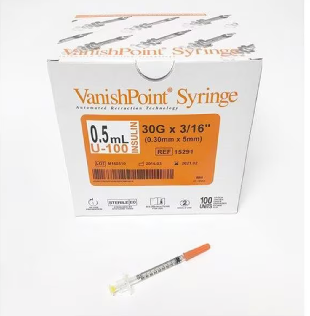 Hypodermic Syringe/Needle 30gx5/16" 0.5mL Safety Device No Dead Space