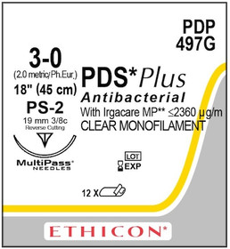 Absorbable Antibacterial Suture with Needle PDS Plus Polydioxanone with Irgacare MP PS-2 3/8 Circle Precision Reverse Cutting Needle Size 3-0 Monofilament, 12/Box