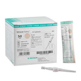 Peripheral IV Catheter Introcan Safety 20 Gauge 1 Inch FEP Polymer Straight Hub Non Blood Control Passive Safety